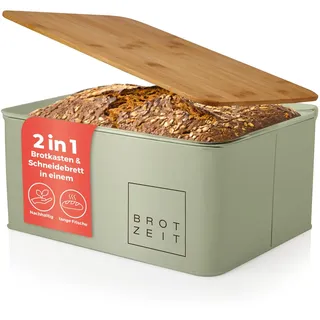 Lumaland Cuisine Brotkasten | Brotdose aus Metall mit Bambus Deckel | Brotbox rechteckig 30,5 x 23,5 x 14 cm | 2in1 Brotbehälter & Schneidebrett [Mintgrün]