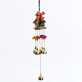 Handgemachtes Windspiel Holz mit Haus & Windmühle – Bunte Gartendeko zum Aufhängen, Windspiele für Draußen Hängend Terrasse Balkon Garten, Beruhigende Klangspiele Outdoor Deko (Holzfarbe)