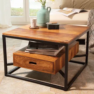 FineBuy Couchtisch 60x60x40 cm Sheesham Massivholz / Metall Sofatisch Quadratisch Wohnzimmertisch Kaffeetisch Massiv mit Schublade Kleiner Tisch - Braun
