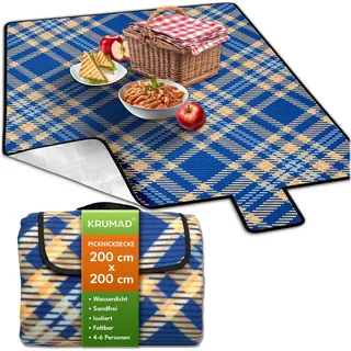 KRUMAD Picknickdecke Wasserdicht, XXL 200x200 cm, Outdoor Decke Gepolstert, Sandfrei, Camping Decke für Strand, Garten & Park, Faltbar mit Tragegriff, Leicht & Bequem (Marineblau-Orange)