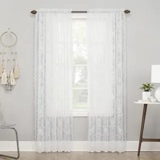 No. 918 Ariella Vorhang mit Blumenmuster, Spitze, Stangentaschen, 147,3 x 160 cm, Weiß