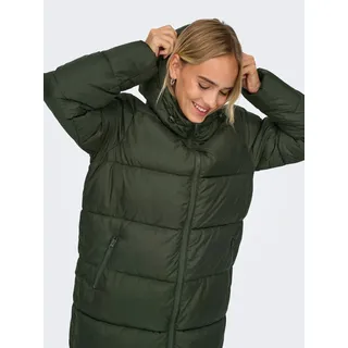 Steppmantel ONLY "ONLMONTANA LONG PUFFER JACKET NOOS OTW", Damen, Gr. S, grün (forest night), Steppware, Obermaterial: 100% Polyester, leicht glänzend, unifarben, regular fit ca. Mitte Wade, Mäntel Steppmantel, Kunstfaser