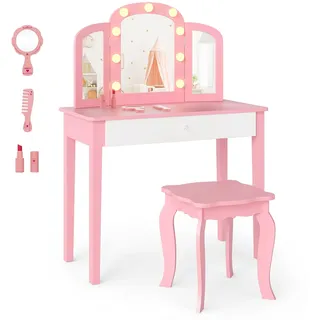 FANTASK 2-in-1 Prinzessinnen Kosmetiktis chmit Schublade und Hocker, Kinder Schminktisch Frisiertisch mit Beleuchtung & 3 farbigem Spiegel, Schminkkommode für Mädchen ab 3 Jahren (Rosa)