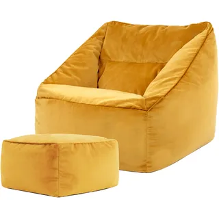 I.C.O.N. Icon Sitzsack Sessel mit Hocker für Erwachsene, Gelb, Flauschiger Samtstoff, Riesen Sitzsack Samt mit Füllung, Bean Bag Chair, Bequemer Sessel Wohnzimmer, Lounge, Schlafzimmer, Büro