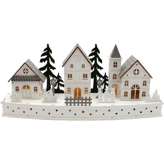 Dekohelden24, Weiß Winterszene aus Holz mit LED, Grau und Grün, Größe L/B/H 12 x 44 x 19 cm, 44 cm