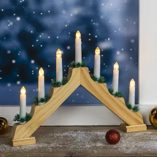 mucHome Holz Schwibbogen Lichterbogen 42cm mit 7 LED Kerzen und Timer aus Holz Weihnachtsdeko mit Beleuchtung - Kerzenbogen für Fenster, batteriebetrieben Adventsleuchter (Natur)