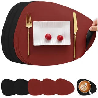 Myir JUN Tischsets Leder und Untersetzer, Tischsets Abwaschbar Rund Doppelseitigen rutschfest Platzdeckchen Leder Kunstleder Tischset Lederoptik Platzset (Rot Schwarz, Satz von 6)