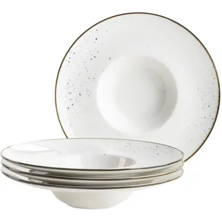 MÄSER Serie Pintar, hochwertiges Gourmetteller-Set, 4-teilig mit Ø 26 cm, breiter Tellerrand, mit heller Glasur, visuellen blauen Sprenkeln und feinem Rand im Vintage Look, Porzellan