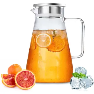 Nutabevrd 2.3 Liter Glaskrug Wasserkaraffe mit Edelstahl Deckel,Griffen, Filter,Heiße und kalte Glas Karaffe, Leicht zu reinigender wasserkrug,für hausgemachte Getränke/Kaffee/Milch/Eistee/Wein/Saft