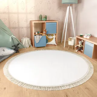 Paco Home Teppich rund, Wohnzimmer Kinderzimmer Hochflor rutschfest Einfarbig Fransen Weich 200 cm Rund, Creme Ø