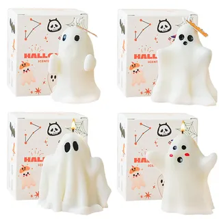 MORAINJAY 4 Stück Halloween Kerzen im Geschenkbox Papier, Natürliches Sojawachs Kleines Weißes Gespenst Duftkerze, Handgefertigte Kerze Geschenk Scented Candle Deko für Herbst, Geburtstage, Halloween