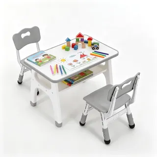 Clevich Kindertisch mit 2 Stühlen, höhenverstellbarer Kinder Schreibtisch Set, Multifunktionaler Spieltisch für Kinderzimmer, 70 * 50cm Tischplatte(Grau)