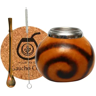 Gaucho Cebar Set Natürlichem Kalebassen für Yerba Mate-Tee | Kürbis Tasse und Edelstahl Trinkhalm Bombilla Straw | Accessories - korkpad und bürste, Braun