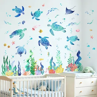 Tanlaby Wandtattoo Schildkröte Unter dem Meer Seetang Meeresschildkröten | Fischen Wandaufkleber für Kinderzimmer Badezimmer Babyzimmer Schlafzimmer DIY Maritim Wanddeko