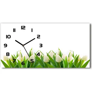 Wanduhr aus Glas – 60x30 cm - Glasbild - Glasuhr - Gehärtetes Glas - schwarze-zeiger - Weiße Tulpen - Schwarz, Weiß
