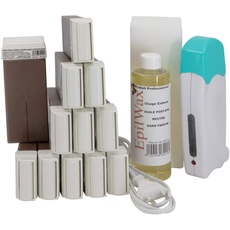 EpilWax Wachswärmer Waxing Set für Enthaarung Haarentfernung - Mit 12 Schokolade Roll On Wachspatronen, Waxing Gerät, 100 Vliesstreifen und Nachbehandlungsöl