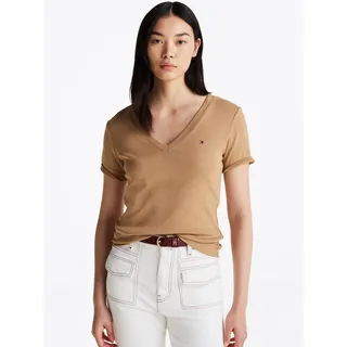 Tommy Hilfiger T-Shirt »SLIM CODY V-NK SS mit V-Ausschnitt und Streifen« Baumwolle, slim fit, beige