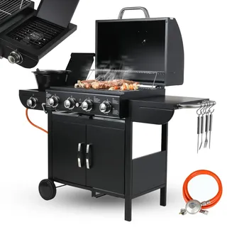 TLSUNNY 4+1 Brenner Gasgrill mit Seitenkochfeld, BBQ Grillwagen Gas Outdoor | Gasgriller mit 2pcs Rad, Hochleistungsbrenner, Impulszünd, mit Thermometer, Große Grillfläche, Grillküche, 4*/2.93KW + 2.33KW