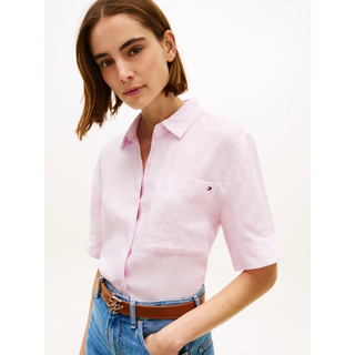 Kurzarmbluse TOMMY HILFIGER "ESS LINEN SHORT SLEEVE SHIRT", Damen, Gr. XL (46), rosa (lila powder), Web, Obermaterial: 100% Leinen, unifarben, gerade normal, V-Ausschnitt, abgesteppte Kante, Blusen Kurzarmbluse, mit aufgesetzter Brusttasche und Flag-Stickerei, reines Leinen