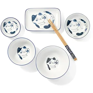 Japanisches Katzen Essservice mit div. Schüsseln, Teller & Essstäbchen | Handgmalt mit süßem Katzendekor | 6 tlg. | Sushi Set