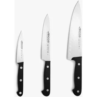 Arcos Set mit 3 Basis-Küchenmessern. Messer mit Edelstahlklinge und Polyoxymethylen-Griff, Spülmaschinengeeignet. Universelle Serie. Farbe Schwarz