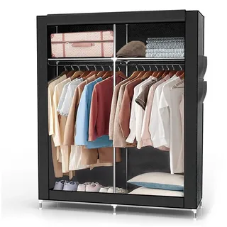 Intirilife Faltschrank 108x170x45 cm in RABEN SCHWARZ - mit Reißverschluss Stoffschrank Kleiderschrank mit Kleiderstange, Fächern und Seitentasche