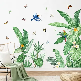 Tanlaby Wandtattoo Tropische Pflanzen Palmenblätter Grünpflanzen Vögel | Frühling Sommer Natürliche Wanddeko für Wohnzimmer Schlafzimmer Flur Sofa Hintergrund