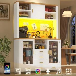 Moderner Buffetschrank 120x40x188cm im Landhausstil mit LED Lichtleiste Küchenschrank mit 6 Schubladen und 3 Türen Weiß mit Holzoptik - Weiß