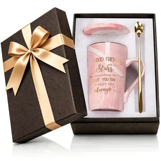 Best Friend Birthday Gifts for Women – Friendship Present for Women, BFF Gift Idea for Female Besties | 400ml Pink Marble Ceramic Gold Print Coffee Mug with Spoon, Lid, Card & Gift Box