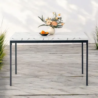 FurnitureR Garten-Esstische aus weißem Marmorimitat, Schlichter und eleganter Stil für 4 bis 6 Personen, Dicke Holzplatte mit Metallstruktur, für Terrasse, Terrasse, Garten, 120 x 70 x 75 cm