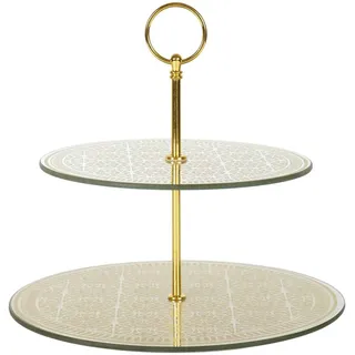 HOME DECO FACTORY, KA0119, Double 25 cm Glass Presentation Tray with Gold and Gray Accents, Ideal for Desserts and Appetizers, Elegant Design, Size 25 cm, Gold/Gray Color