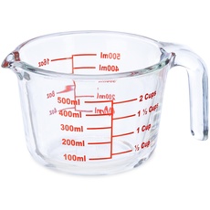Relaxdays Messbecher Glas, 500 ml, hitzebeständig, mikrowellengeeignet, Skala in Milliliter, Cups, oz, Transparent, Rot, 9 x 13 x 17.5 cm