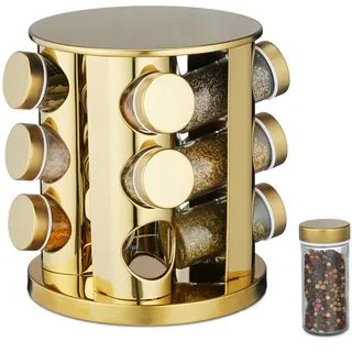 Relaxdays Gewürzkarussell, 12 Gewürzgläser, 360° drehbar, Edelstahl, Glas, H x D: 22 x 20 cm, rundes Gewürzregal, gold