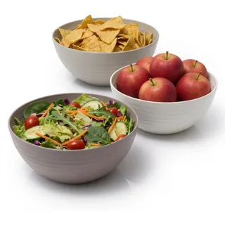 Hausfelder Salatschüssel Groß Modern Kunststoff Rund - 3er Set 3,3L Stapelbar Beige - Servierschüssel BPA-frei für Salat, Chips, Snacks, Camping & Wohnung Must Have