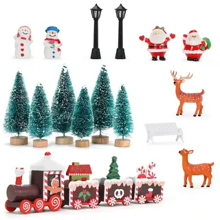 Epokus 16 Stück Mini Figuren Weihnachten, Mini Weihnachtsbaum Weihnachtszug Schneemann Weihnachtsmann, Künstlich Tannenbaum Deko, Miniatur Ornamente Weihnachtsfiguren für Tischdeko DIY Schaufenste