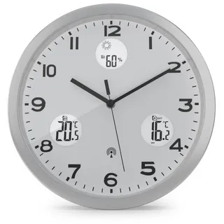 Mebus Funkwanduhr, weißes Zifferblatt, Temperatur-Anzeige innen und außen, mit Außensender, Luftfeuchtigkeit, Modell: 13150