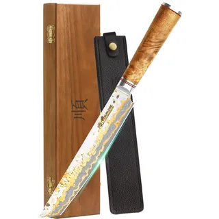 YOUSUNLONG Sashimi-Schneidemesser - 215mm Sujihiki Yanagiba Messer - Superscharfer Schnitt - Japanische handgefertigte Kupfer-Damaszener-Stahl Klinge - Naturel Burl Holzgriff mit Leder