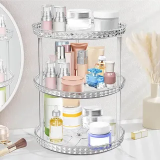 ROWNYEON 360° Drehbar Make up Organizer, Kosmetik Organizer Hautpflege 3 Lagen Skincare Parfüm Badezimmer Organizer, Schminktisch Organizer, Aufbewahrung für Bad, Kosmetikschrank (klar)