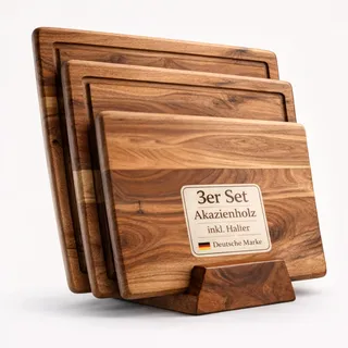 Plogis Schneidebrett Holz Set (3er) aus Akazienholz (40x33 / 35x28 / 28x20 cm) - Schneidebretter für die Küche mit Ständer, Saftrille & Anti-Rutsch Füßen - versiegelt - Holzbrett Küche