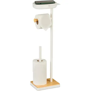 Relaxdays Toilettenpapierhalter freistehend, mit Fach, HBT: 68x20,5x16cm, Klopapierhalter Reserverollen, weiß/Natur