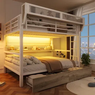 Merax Etagenbett Hochbett 140x200 cm, Metallbett mit LED Beleuchtung, 2 Schubladen, Ablagebord, Aufbewahrungskorb, Stauraum Bett, Kinderbett, Weiß - Weiß