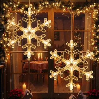 LED Weihnachtsstern Fensterlichter 2 Stück Warmweiß LED Schneeflocken Lichter Fenster Hängeleuchten Batteriebetrieben Weihnachtsdeko Haus Party Deko - Weiß