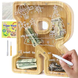 Lakpopya Spardose für Kinder Jungen Mädchen - Personalisiert Durchsichtig Mit Buchstabe Holz A-Z, Zielbereich, Aufkleber & Marker - Taufe Geschenk Dekoration (R)