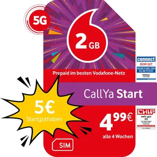 Vodafone Prepaid CallYa Start | 2 GB | 5 EUR Startguthaben | ohne Vertrag | 5G-Netz | Telefon- SMS-Flat | EU-Roaming