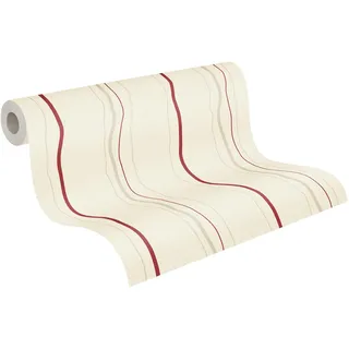 A.S. Création Vliestapete 10,05 m x 0,53 m mit glänzenden Akzenten - Creme, Rot, Beige - strukturierte Streifentapete Made in Germany - 958731