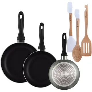 Well Home Set mit 3 Bratpfannen Ø16Ø20Ø24cm aus gepresstem Aluminium in Metallic-Grau + 3er-Set Küchenutensilien aus Silikon und Holz