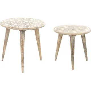 BELIANI Beistelltisch 2er Set Hellbraun u. Weiß aus Mangholz mit Muster Vintage Stil Retro Rustikal Rund Dreibein Couchtisch Set für Wohnzimmer - Braun, Weiß