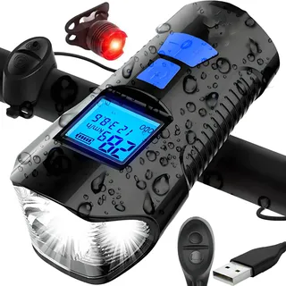 LED-Fahrradlicht 5in1, Zähler, Klingel, Kilometerzähler, Tachometer, USB, Retoo