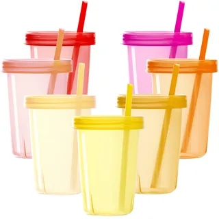 Youngever 7er Pack Kinderbecher mit Strohhalm, 7 Wiederverwendbare Kunststoff Kleinkindbecher mit Deckel Strohhalm (Pink)