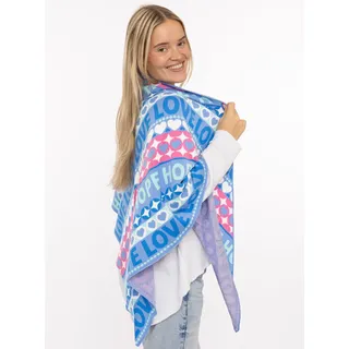 Dreieckstuch ZWILLINGSHERZ "Jahrmarkt", Damen, blau pink, Strick, Materialmix, gemustert, mehrfarbig, Modetücher Dreieckstuch, Schriftzug, farbenfroh, wärmend, Strick